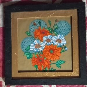 Handmade Orange and Blue Floral Colored Piece Framed